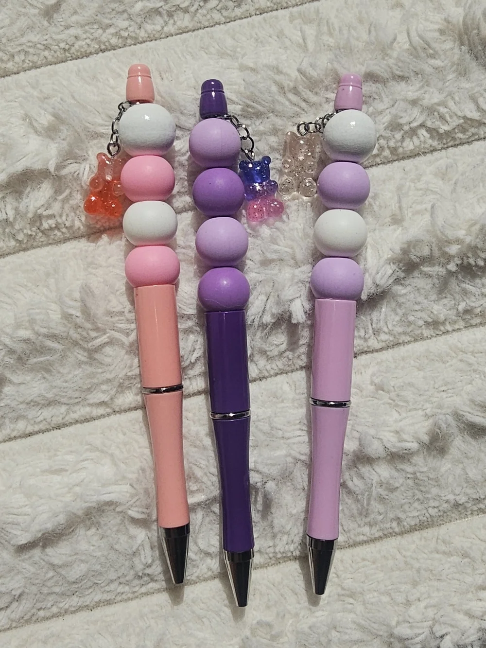 3 Cute Beaded Charm Pens - Pink, Purple, Lavender